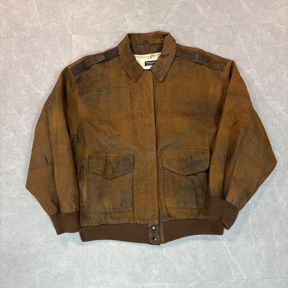 Adventure Bound Vintage Leather Bomber Jacket Mens XL Brown Thinsulate Aviator